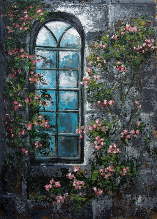 "Nostalgic window" Original acryl painting on canvas 50x70x2cm.ready to hang by Elena Kraft