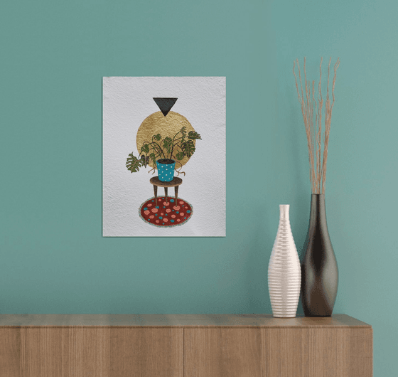 Plants lover's interior - original painting with gold potal on handmade paper