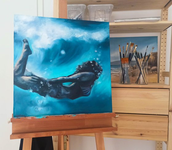 Underwater Swimming - Woman in Ocean Painting