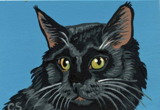 ACEO ATC Original Miniature Painting Black Cat Pet Art-Carla Smale