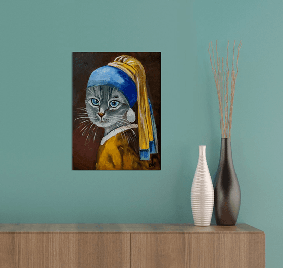 British blue Cat with the pearl earring #3 inspired by Vermeer painting feline art for cat lovers gift idea