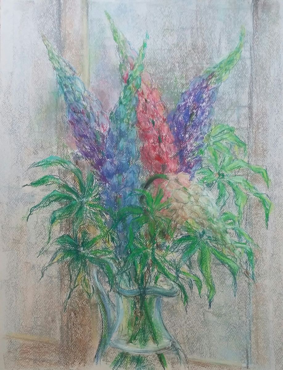 Impressionistic Still Life Pastel Drawing By Elena Klyan, 20 X 26, Lupin Pastel Drawing., Original Artwork