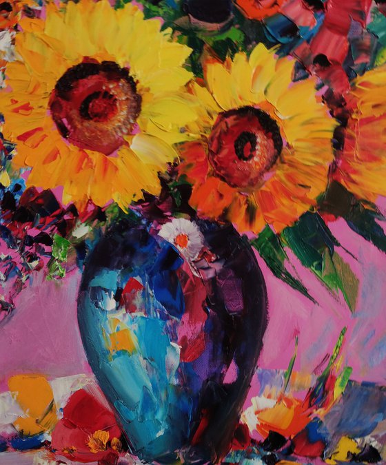Field flowers in vase (60x70cm, oil painting,  ready to hang)