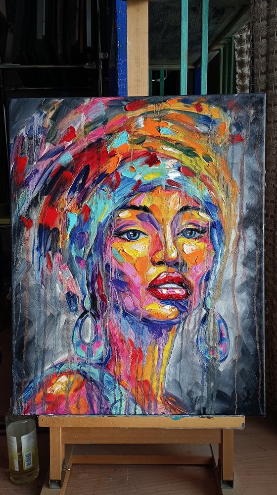 In the ocean in feminine beauty -  portrait, african woman, oil painting, woman portrait, woman, woman face, face oil painting, woman portrait oil painting