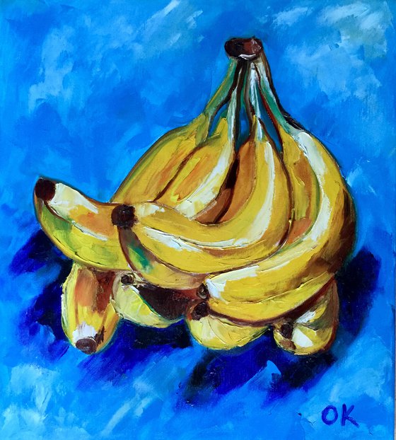 Bananas on  turquoise  Still life. Palette knife painting on linen canvas