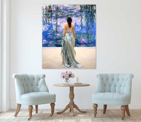 Woman in museum with Water Lilies painting Claude Monet - faceless portrait woman art, Gift
