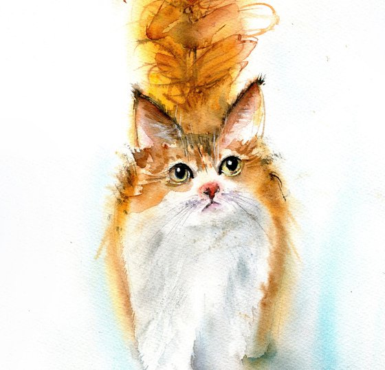 Red cute cat original watercolor artwork red cat with long tail , living room decor , farmhouse decor unique  gift  for pet lovers