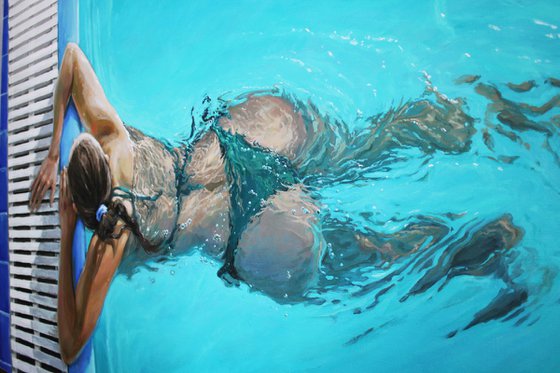 "Hot day". (145x90 cm). Girl, pool, clear water. Original painting.