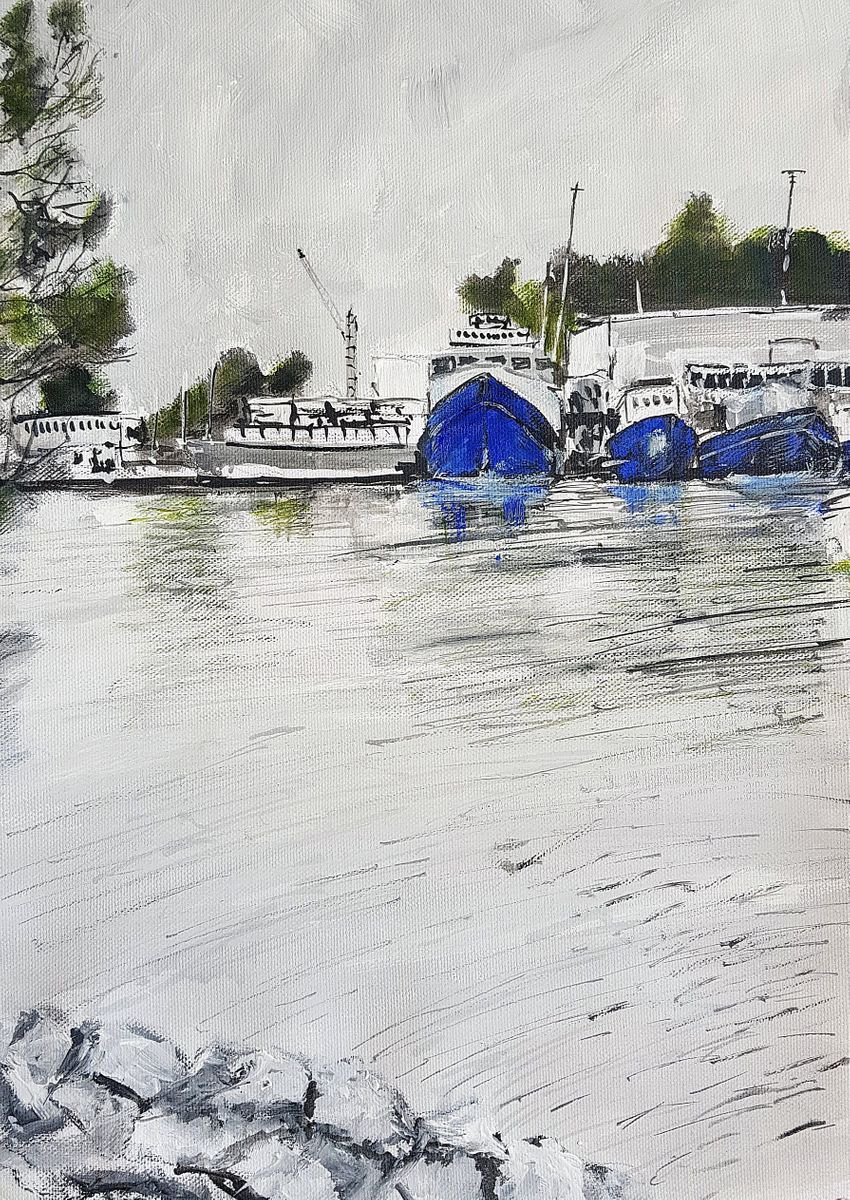 Impressionistic Landscape Acrylic Painting By Leonid Kirnus, 10 X 15", Marina, Cloudy Day, Original Artwork