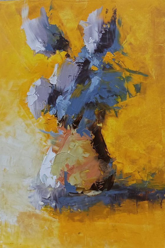 Abstract still life painting. Palette knife art. Flowers in vase