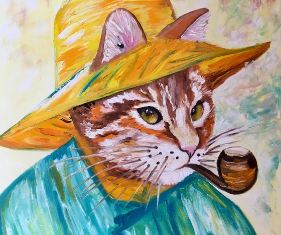 Creative Cat La Vincent Van Gogh with a pipe  oil painting for cat lovers