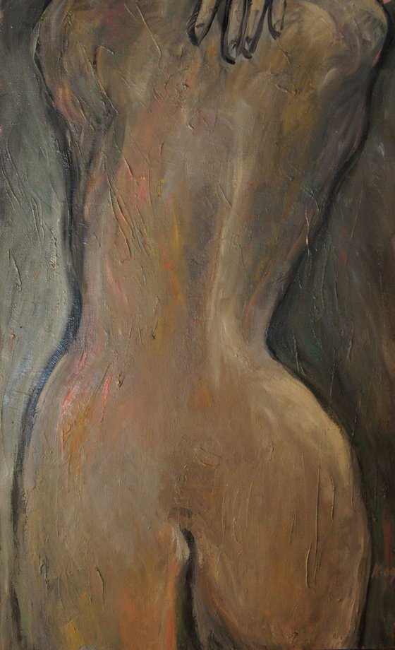 NUDE. NIGHT - original painting, nude erotic art, dark coloured female figure, nude girl back night