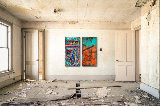 "We Go Together Like Oil and Acrylic" - Save As A Series - Original PMS Abstract Diptych Oil and Acrylic Paintings On Canvas - 36" x 36"