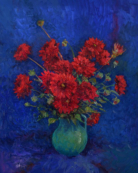 Red Georginas in a Vase