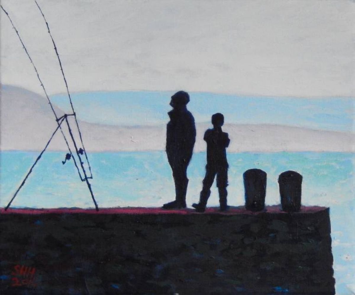 Naive Oil Painting , Father And Son Fishing By Stephen Howard Harrison, 14 X 12, Artwork For Sale On Artfinder