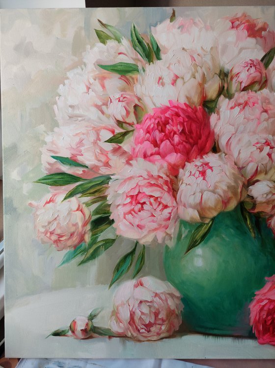 Large floral oil painting original of peony flowers in vase