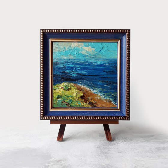 Ocean landscape art painting original 4x4, Abstract art landscape wall art mini painting, One of kind art gift