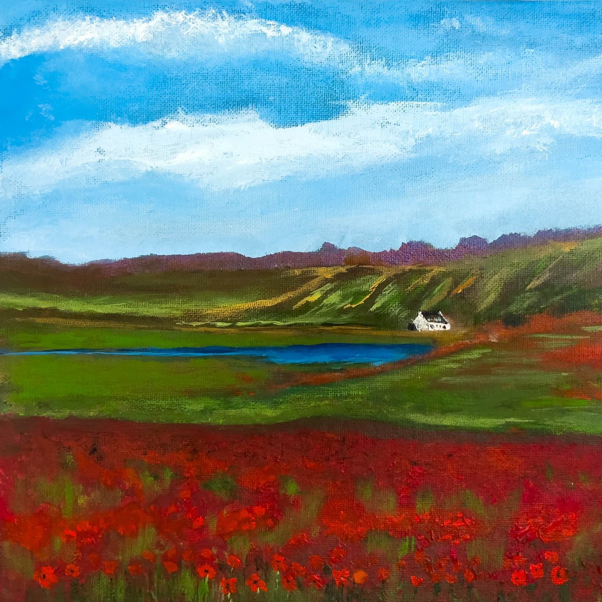 Impressionistic Landscape Acrylic Painting By Km Arts, 12 X 12", Where The Wild Poppies Grow, Original Artwork