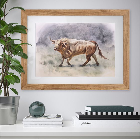 Bull watercolor painting - 2021 year of the Bull - red bull - Spanish red bull