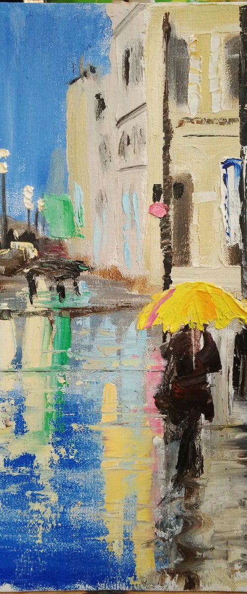 Rainy evening in the City and woman with yellow umbrella by Dmitry Fedorov