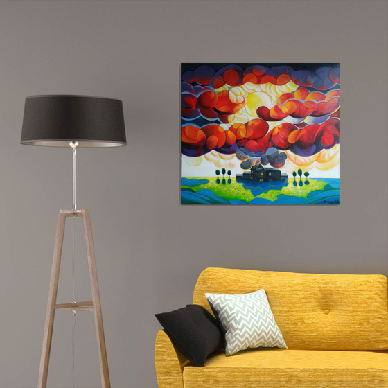 Sunset (80x90cm, cubism, oil painting, ready to hang)
