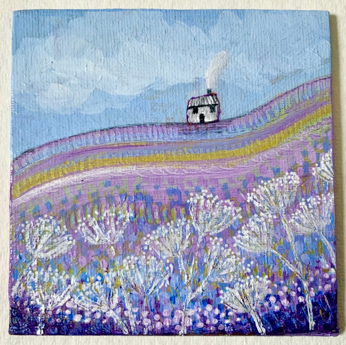 Lilac Fields 10x10cm small acrylic landscape canvas board painting by Janice MacDougall