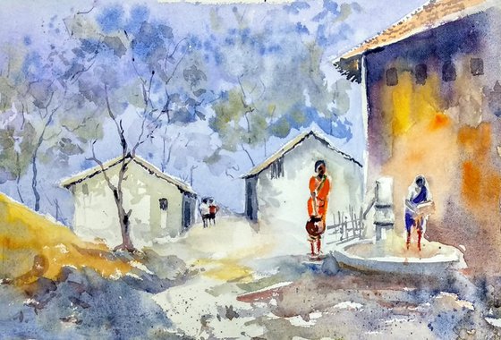 An Indian Village in the dawn