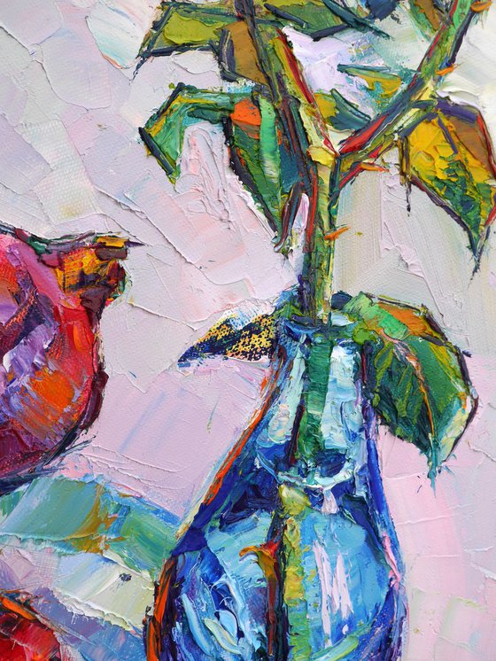 Pomegranates and roses ( palette knife original oil painting )