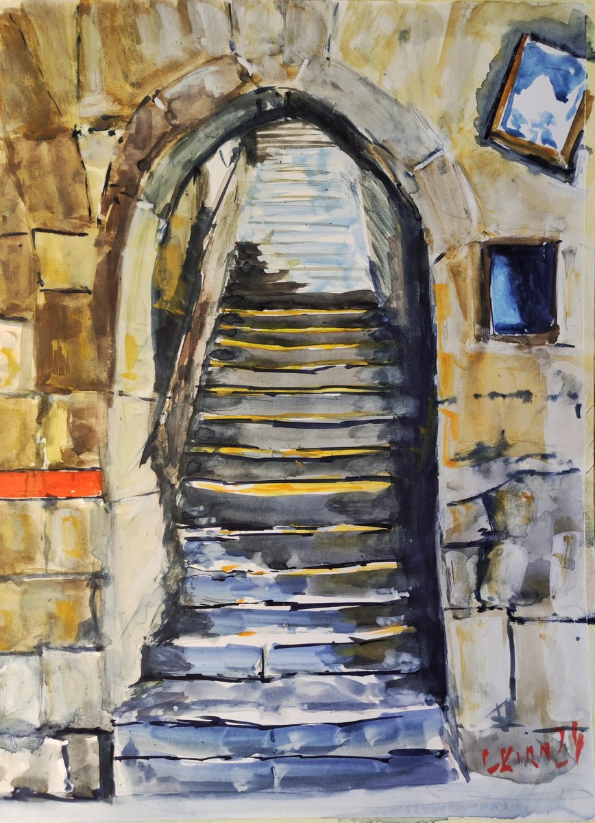 Impressionistic Cityscapes Watercolour By Leonid Kirnus, 12 X 16", Up The Stairs Leading Down..., Original Artwork