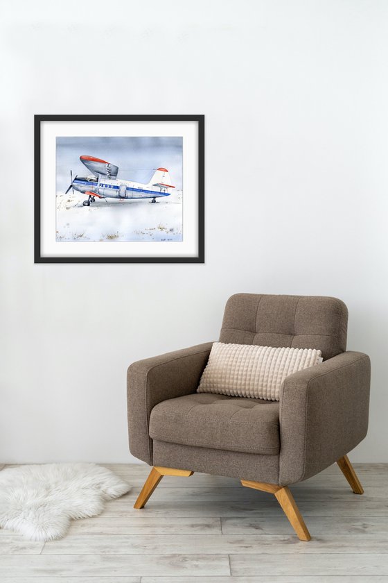 The plane is parked. Original watercolor artwork.