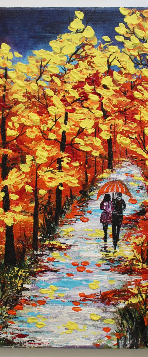 Walk in the Rain -Autumn trees -Acrylic painting on stretched canvas -Impressionistic Landscape painting by Vikashini Palanisamy