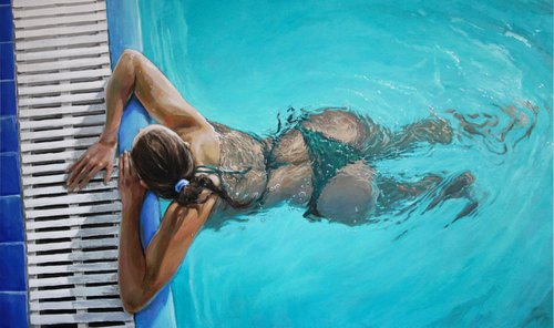 "Hot day". (145x90 cm). Girl, pool, clear water. Original painting. by Linar Ganeev