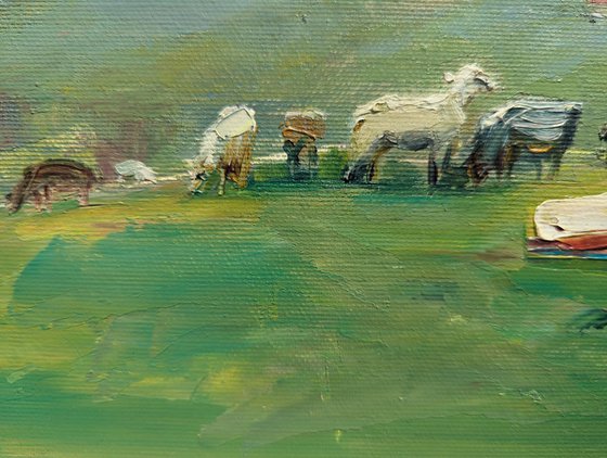 In the mountains in spring . Cows and sheep . Original oil painting