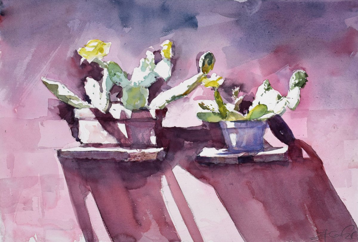 Expressive Landscape Watercolour By Goran Zigolic Watercolors, 22 X 15, Cactuses, Original Artwork