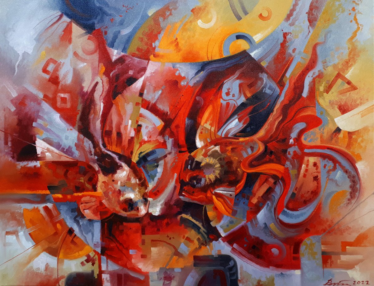 Geometric Abstract Oil Painting By Serhii Voichenko, 35 X 27", Goldfish In A Round Aquarium, Original Artwork