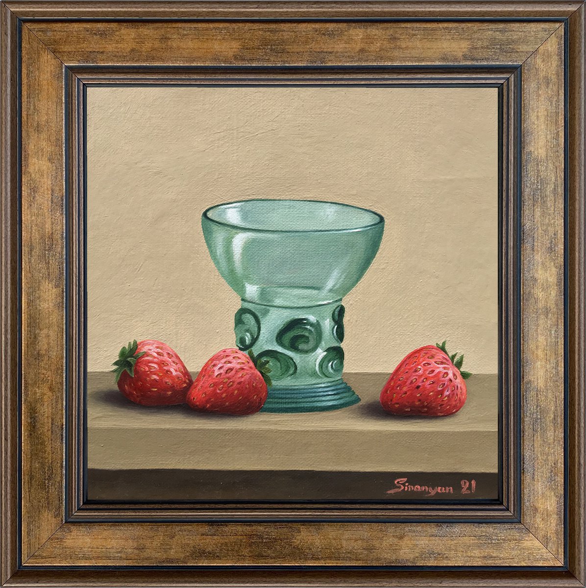 Photorealistic Still Life Oil Painting By Gevorg Sinanian, 10 X 10, Strawberries With Old Glass, Original Artwork