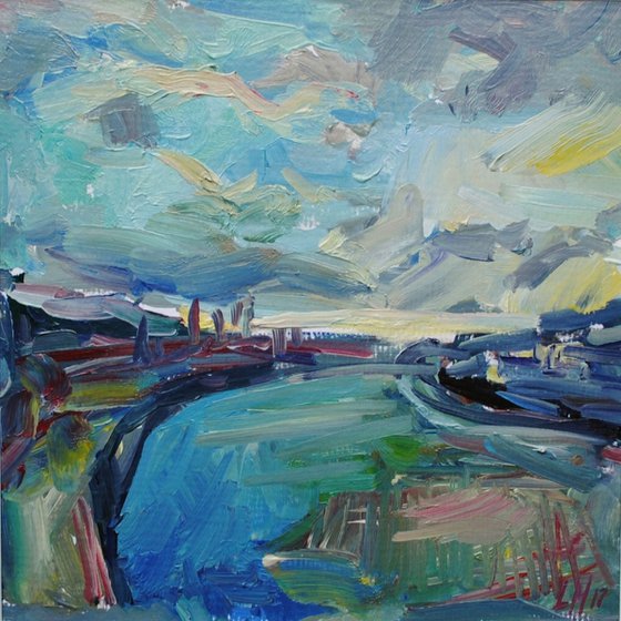 River And Sky. Mounted Oil Painting.