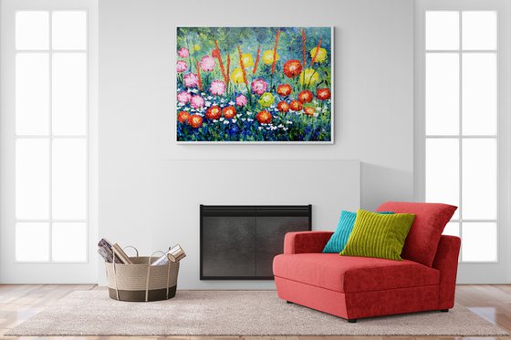 Red pink white white flowers painting original