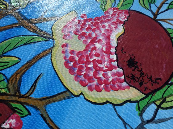 pomegranate and parrots Japan Hieroglyph original artwork in japanese style J102 ready to hang painting acrylic on stretched canvas wall art