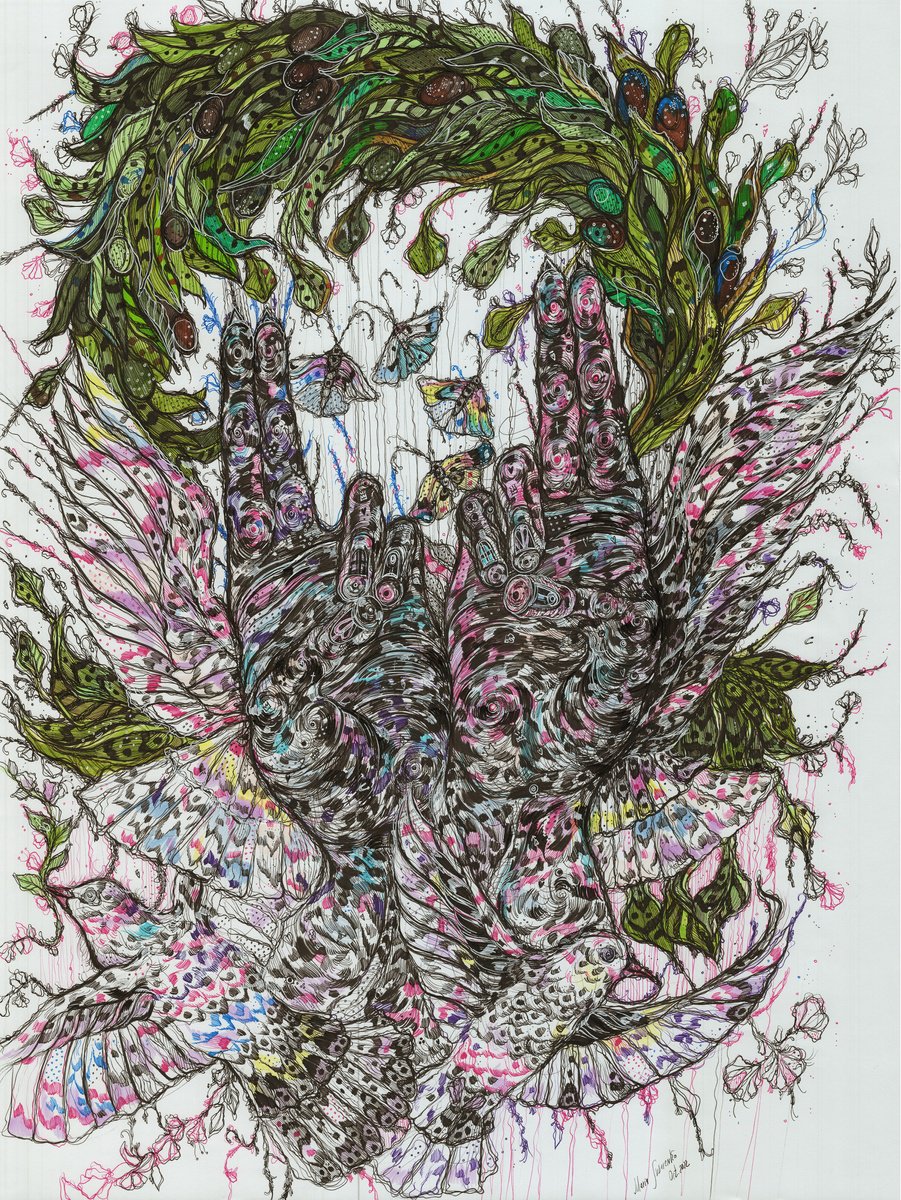 Impressionistic Animal Drawing By Maria Susarenko, 23 X 29", The Mudra Of Peace, Original Artwork