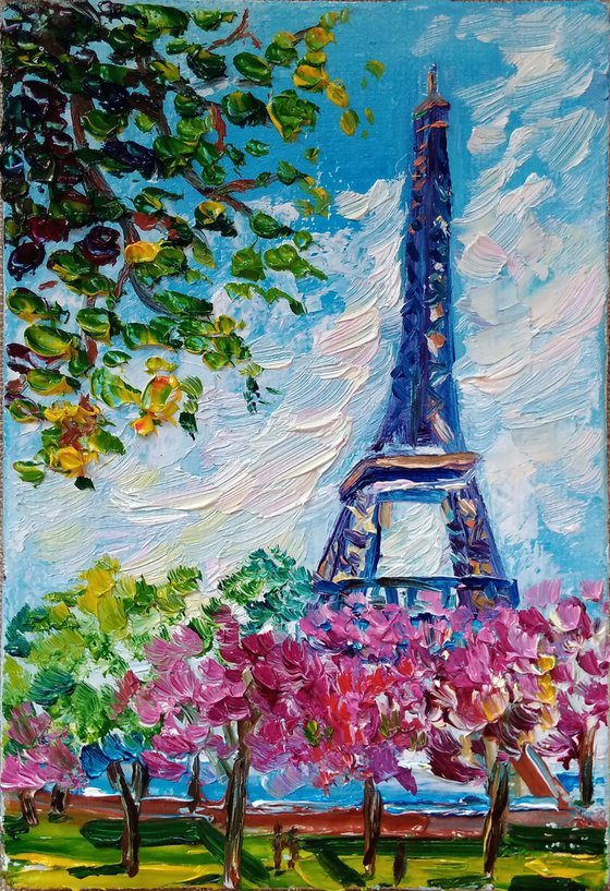 Eiffel tower and flowering jacarandas. Mini painting