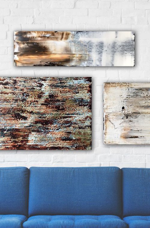 "Burnt And Beautiful" - Save As A Series - Original Large PMS Abstract Triptych Acrylic Paintings On Canvas and Wood - 56" x 35.5" by Preston M. Smith (PMS)