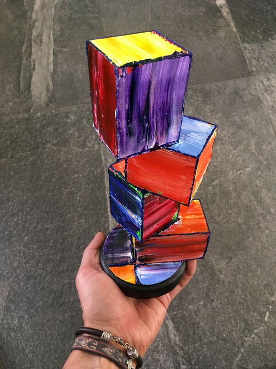 "Blocked Up" - Original PMS Painted Geometrical Wooden Sculpture - 4 x 11 x 4 inches