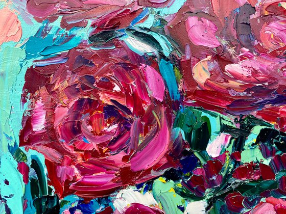 Roses - The burst of pink, 35*45cm, impressionistic flowers oil painting in pink and turquoise