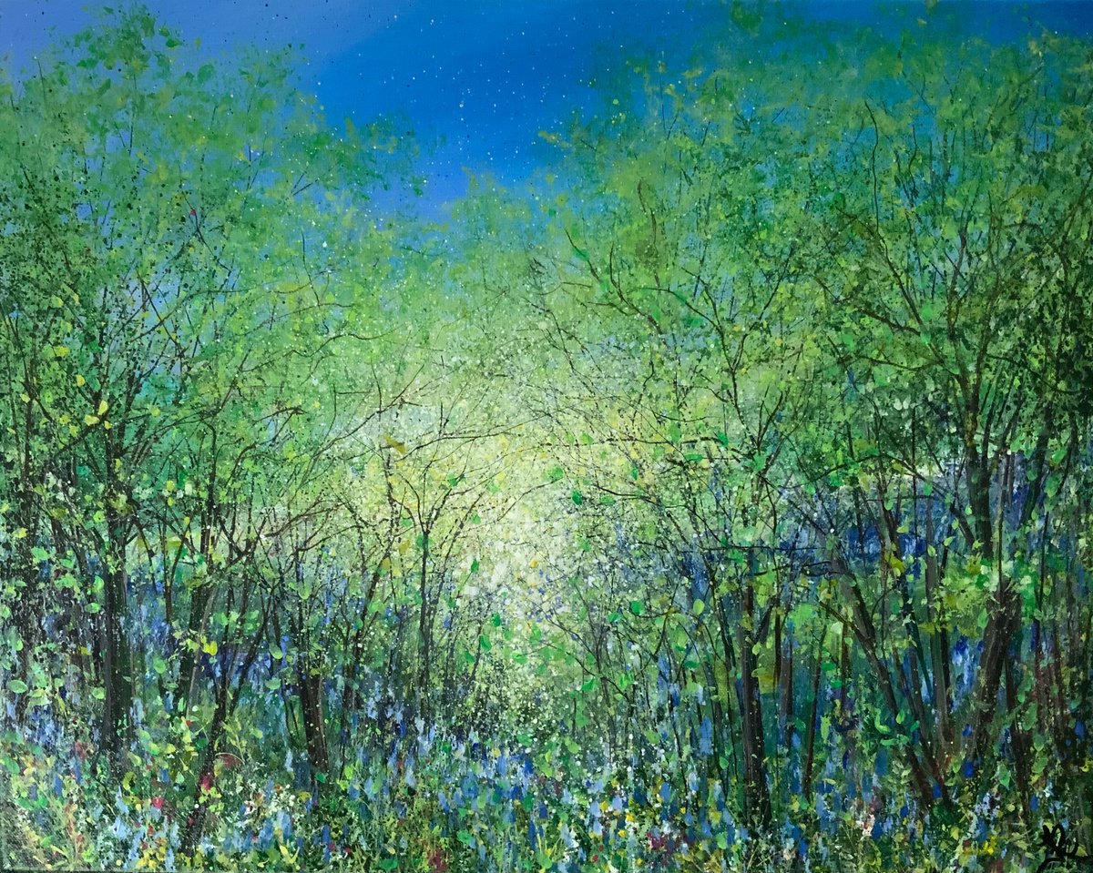 Impressionistic Landscape Acrylic Painting By Jan Rogers, 20 X 16, Misty Bluebells, Original Artwork