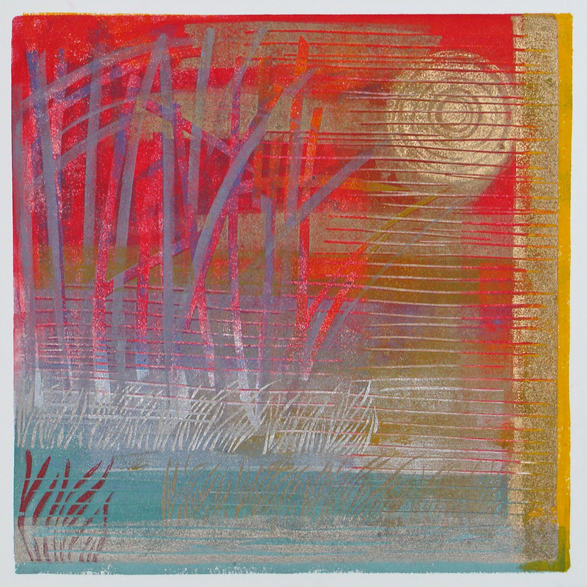 Abstract Landscape Linocut By Angela Maher, 12 X 12, Sunset Glow, Original Artwork