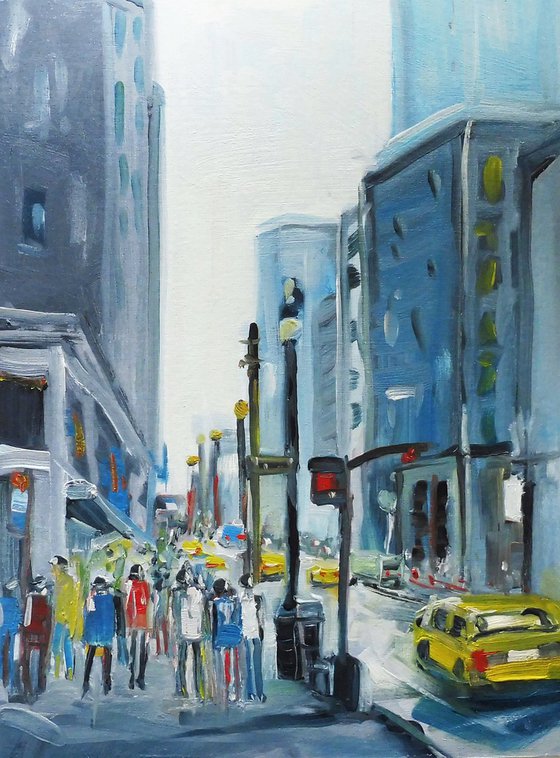 NEW YORK FIGURES YELLOW TAXIS. Original Cityscape Figurative Oil Painting. Varnished.