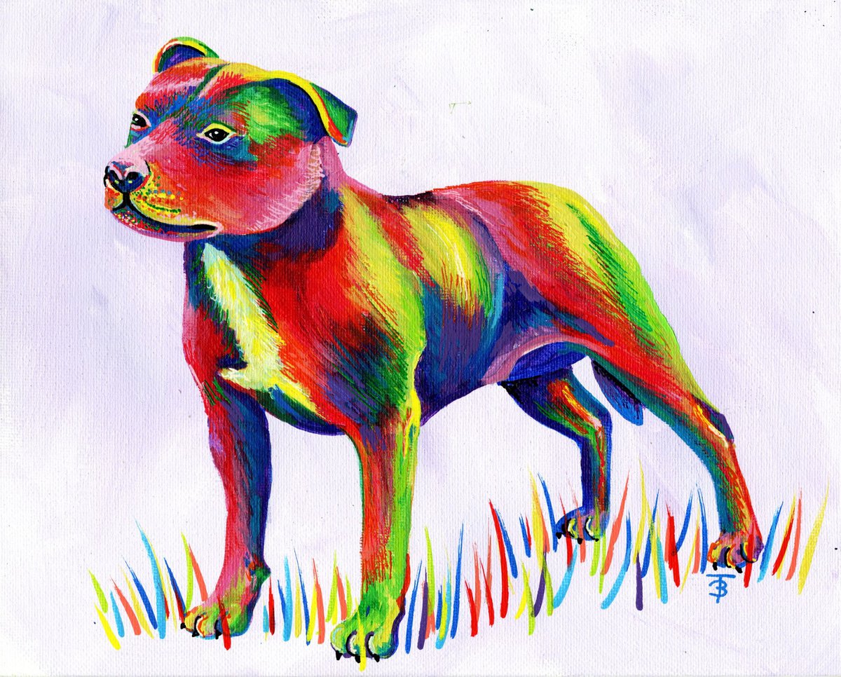 Illustrative Animal Acrylic Painting By Tiffany Budd, 12 X 10", Rainbow Staffie, Original Artwork