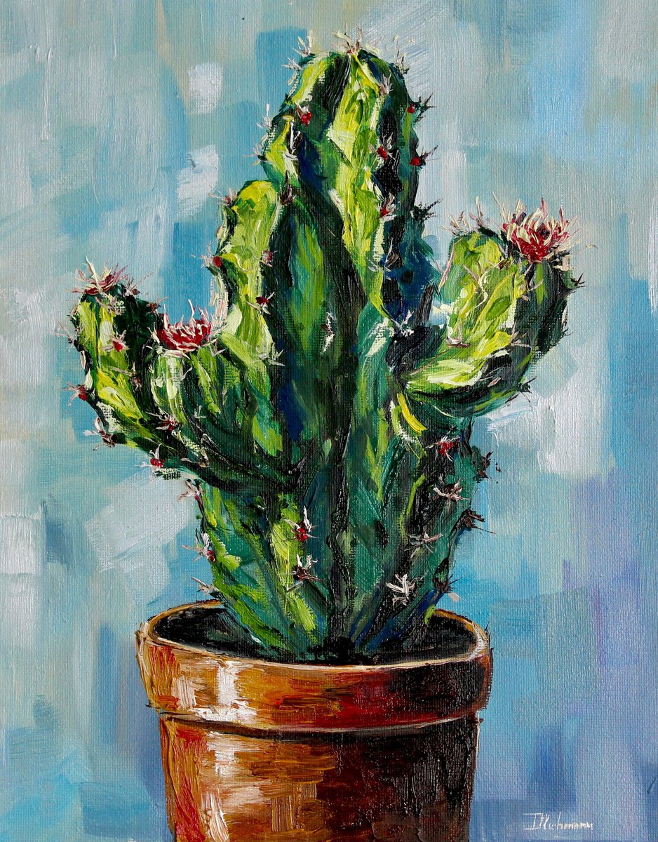 Impressionistic Botanical Oil Painting By Liza Illichmann, 9 X 12", The Cactus, Original Artwork