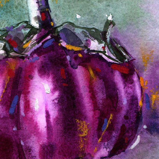 "Eggplant. Harvest Time" - Textured abstract botanical mixed media artwork in bright purple colors